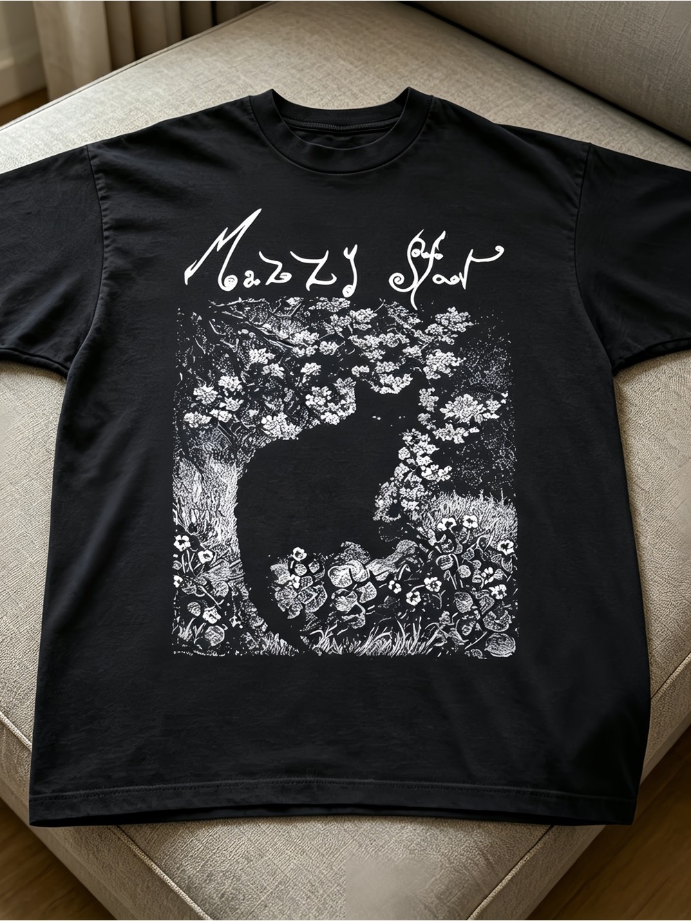 Black T-shirt with cat and star band design, Women Men T-shirt unisex.